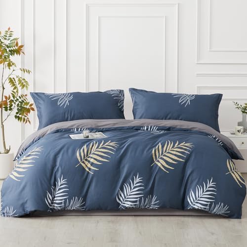 SAPHREAS Navy Blue Duvet Cover Set King Size 3pcs Monstera Leaf Tropical Leaves Cotton Bedding Comforter Cover Set 100% Cotton 1 Duvet Cover 2 Pillow Shams with Zipper