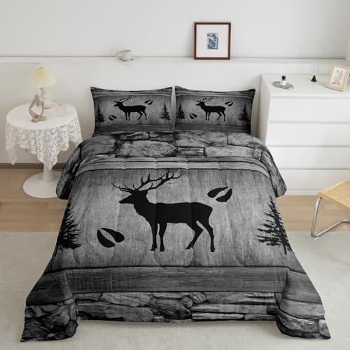 Manfei Rustic Deer Comforter Set Queen Size, Black Trees Deer Paw Print Bedding Set 3pcs for Kids Boys Teens Room Decor, Grey Wooden Plank Down Comforter Wild Animal Quilt Set with 2 Pillowcases