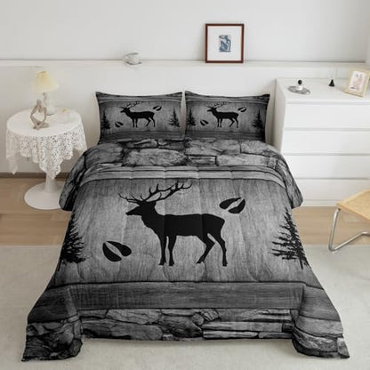 Manfei Rustic Deer Comforter Set Queen Size, Black Trees Deer Paw Print Bedding Set 3pcs for Kids Boys Teens Room Decor, Grey Wooden Plank Down Comforter Wild Animal Quilt Set with 2 Pillowcases
