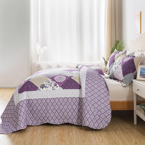 HoneiLife King Size Quilt Sets - 3 Pieces Microfiber Quilt Set Lightweight Bedspreads Reversible Coverlets Rustic Bed Cover King Quilt Bedding Set All Season Quilts-Beige & Purple