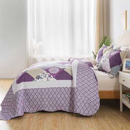 HoneiLife King Size Quilt Sets - 3 Pieces Microfiber Quilt Set Lightweight Bedspreads Reversible Coverlets Rustic Bed Cover King Quilt Bedding Set All Season Quilts-Beige & Purple