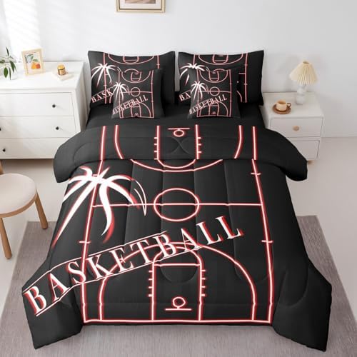 Sports Bedding King Size 7-Piece Basketball Comforter Set for Girls Boys, Neon Glowing Red Bedding Comforter Sets Sport Theme Bed in a Bag, Black Red Bedding Accessories Microfiber (Black Reversible)
