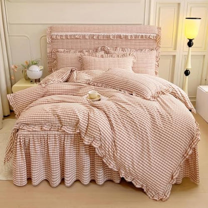 LifeTB Queen Comforter Set Pink Gingham Comforter Vintage Ruffle Blush Plaid Comforter Set 3 Pieces Checkered Grid Bed Comforter with 2 Pillowcases Fluffy Soft Gingham Bedding Set Queen Size