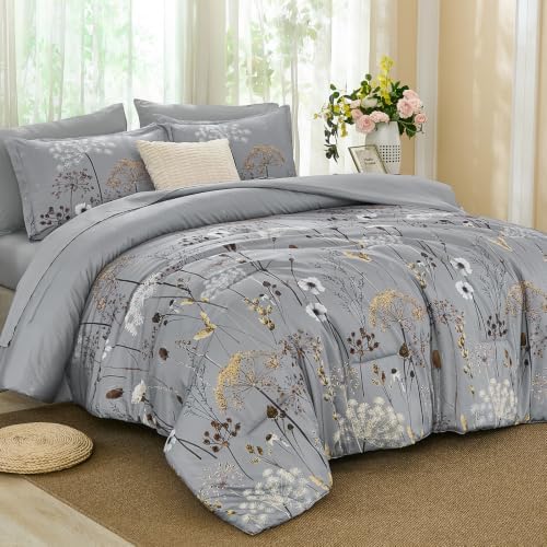 Yiran Queen Comforter Size Set, 7 Piece Grey Dandelion Floral Bed in a Bag
