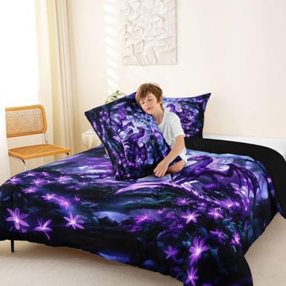 Feelyou Dragon Bedding Set Soft for Boys Girls, Magical Beast Comforter Set King Size Jungle Duvet Quilt Microfiber Wild Animal Bedroom Decor Fantasy Animal 3 Pcs with 2 Pillow Cases