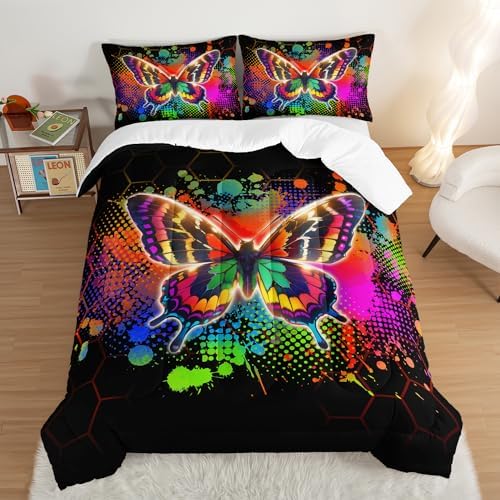 HOSIMA Beauty Butterfly Comforter Set, Colorful Tie Dye Bedding Sets Queen Size for Kids Girls Teens Bedroom Decor, Honeycomb Pattern Comforter Set Queen Size with 2 Pillowcases