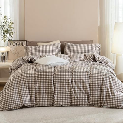 JIYUAN Queen Washed Cotton Duvet Cover Set, 3-Piece,Classic Gingham