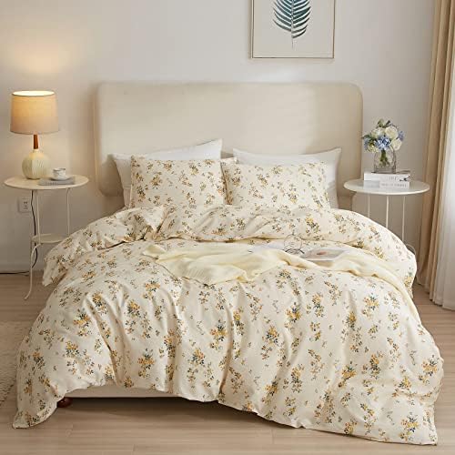 VM VOUGEMARKET Botanical Duvet Cover Set Twin,Cottagecore Yellow Flowers Duvet Cover with 2 Pillowcases,100% Cotton Bedding Set,Chic Garden Floral Comforter Cover for Girls 68x86