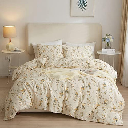 VM VOUGEMARKET Botanical Duvet Cover Set Twin,Cottagecore Yellow Flowers Duvet Cover with 2 Pillowcases,100% Cotton Bedding Set,Chic Garden Floral Comforter Cover for Girls 68x86