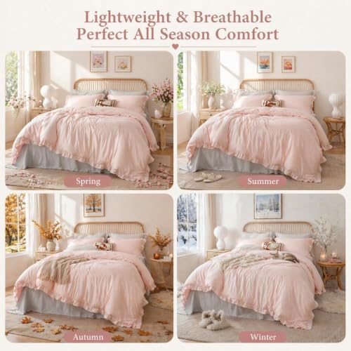 JANZAA Blush Pink Comforter Set Oversized King, Ruffle Soft Bedding