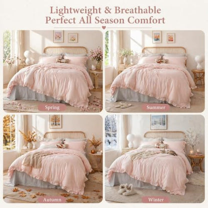 JANZAA Blush Pink Comforter Set Oversized King, Ruffle Soft Bedding