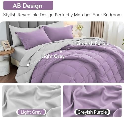 MUXHOMO 7 Pieces Queen Comforter Set, Reversible Bed in a Bag Queen Size, All Season Bedding Set with Comforter, Flat Sheet, Fitted Sheet, Pillowcases & Shams, Greyish Purple & Light Grey