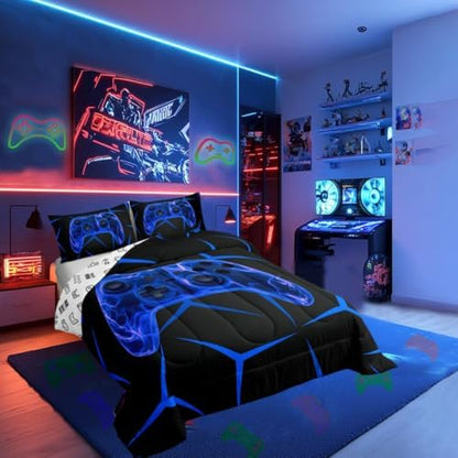 Castle Fairy Game Controller 3 Pcs King Size Comforter Set,Geometric Honeycomb Down Alternative Adults Bedroom Decor,Gaming Game Controller Blue Ultra Soft Microfiber Inner Fill 3Pcs Bedding