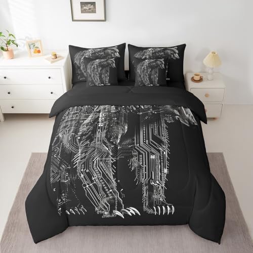 Erosebridal Boys Black Bear Bed in A Bag with Sheets Twin Robot Bear 7 Piece Comforter Set Modern Mechanical Animal Bedding Set,Cool Wildlife Bedding Comforter Sets for Kids Teens Men