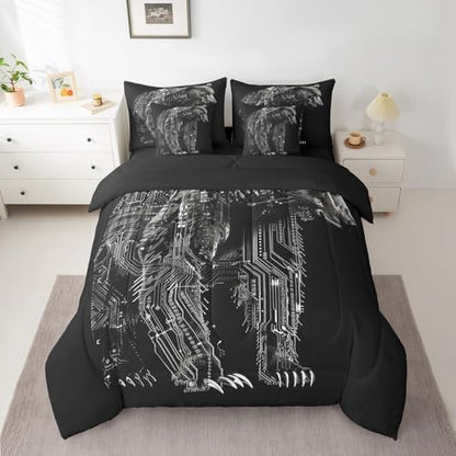 Erosebridal Boys Black Bear Bed in A Bag with Sheets Queen Robot Bear 7 Piece Comforter Set Modern Mechanical Animal Bedding Set,Cool Wildlife Bedding Comforter Sets for Kids Teens Men