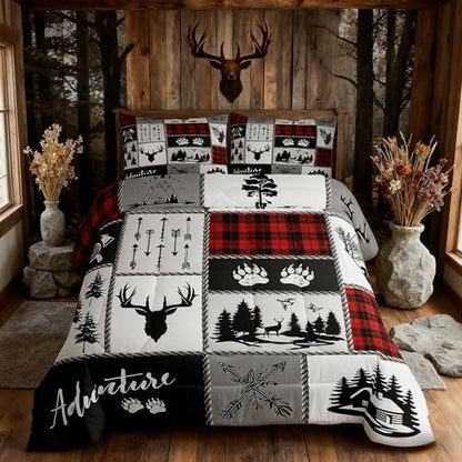 Deer Antlers Comforter Set King Size,Bear Paws Pine Trees Xmas Bedding Set for Kids Boys Girls Adults Room Decor,Lattices Patchwork Rustic Farmhouse Down Comforter,Red Duvet Insert,2 Pillowcases