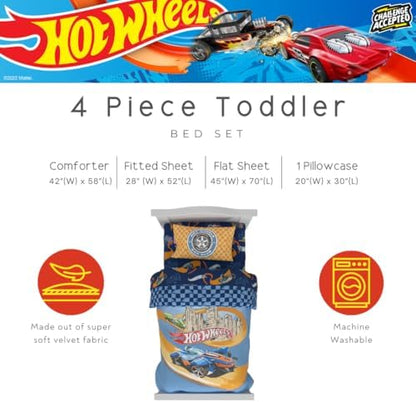 Hot Wheels Race Track 4 Piece Toddler Bed Set – Super Soft & Cozy Reversible Microfiber Comforter and Sheets (Officially Licensed Product) by Franco