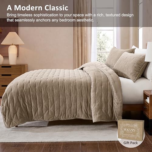 WDCOZY Cloud Soft Queen Size Quilt Set, Beige Tan Taupe Chenille Velvet