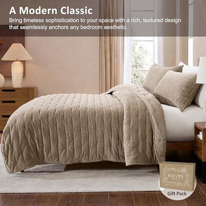 WDCOZY Cloud Soft Queen Size Quilt Set, Beige Tan Taupe Chenille Velvet