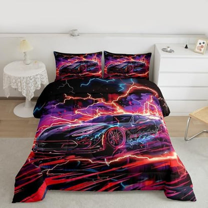Feelyou Sports Car Comforter Set King Size Lightning Bolts Bedding Set for Kids Boys Girls Race Car Duvet Quilt Speed Sports Games Bedroom Decor Cool Modern Microfiber 3 Pcs with 2 Pillow Cases