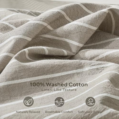 JELLYMONI 100% Washed Cotton Beige Striped Duvet Cover Set King