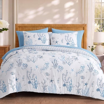 BLOOMHAVEN Full Size Comforter Sets-7 Pieces Coastal Blue Bed in a Bag