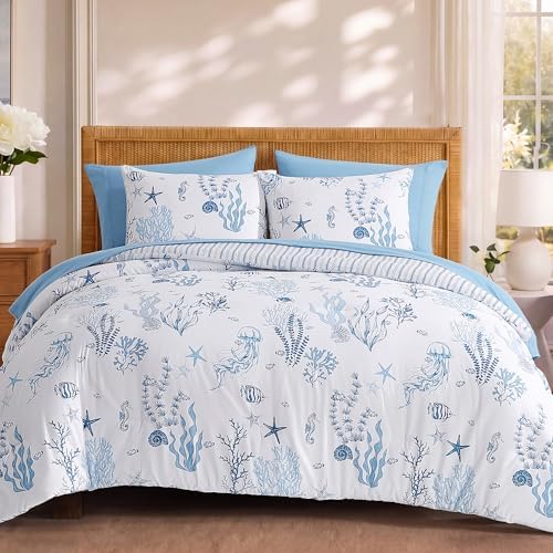 BLOOMHAVEN King Size Comforter Set-7 Pieces Coastal Blue Bed in a Bag King
