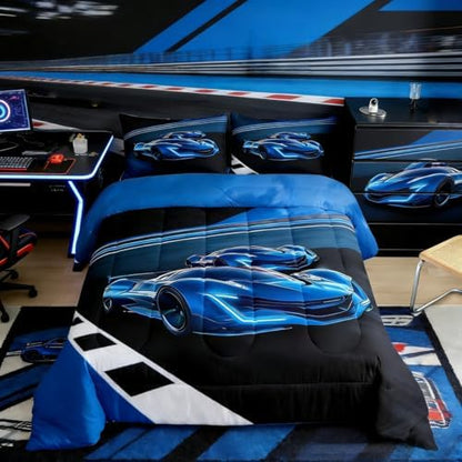 Erosebridal King Size Comforter Set for Boys Race Car Bedding Bedroom Decor, Sports Car for Boys Girls Teen Kids Children Car Racing Gifts, Race Cars Bed Set,Blue Black