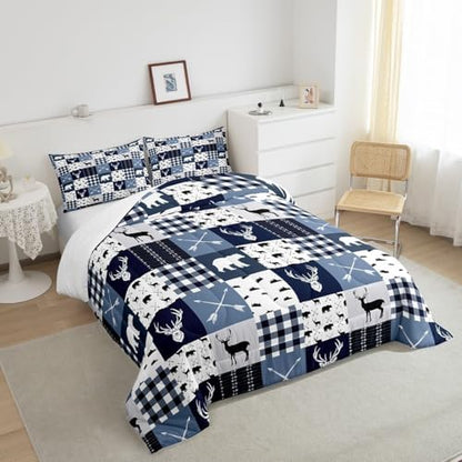 Homewish Bear Deer Silhouette King Size Comforter Set,Kids Gray Blue Grid Decor All Season Bedding Set,Teens Hunting Comforter,Rustic Farmhouse Decor Quilt Set Bedroom Collection 3Pcs