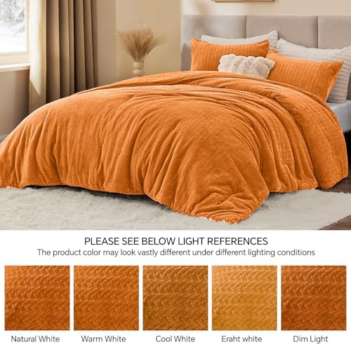 ChiXpace Fleece Queen Comforter Set Burnt Orange, Fluffy Bed Set 3 Pieces