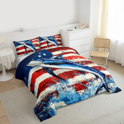 Marlin Swordfish Bedding Set Boys American Flag Comforter Set, Hunting and Fishing Bedding for Kids Teens Adult Bedroom Marine Life Ocean Animal Down Comforter with 2 Pillow Cases, Blue Red, Full