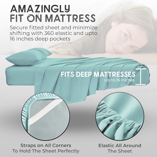 Split King Sheets Set with 2 Twin XL Fitted Sheet - 5 Piece Bedding - Wrinkle Free, Fade Resistant, Double Brushed Microfiber - Deep Pockets/Easy Fit (Aqua)