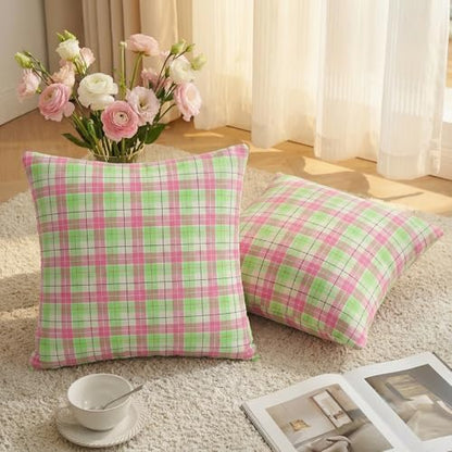 AVOIN colorlife Spring Summer Green Pink Plaid Decorative Throw Pillow Covers, 18 x 18 Inch Holiday Scottish Tartan Cushion Case Farmhouse Decoration for Sofa Couch Set of 2