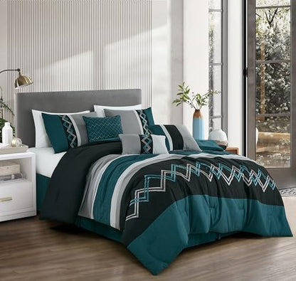 Chezmoi Collection 7-Piece Zigzag Embroidered Comforter Set, Full Size