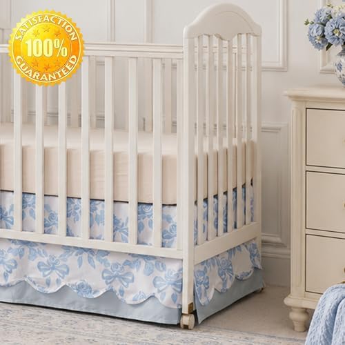 Brandream Scallop Edge Crib Skirt Organic Cotton Baby Girls Crib Skirt Toddler Bedskirt French Country Cottagecore Rose Bows Farmhouse Chic Nursery Crib Bed Skirt 2-Tiered with Solid Blue Skirt