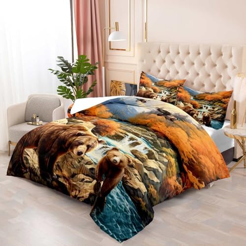 LUVIVIHOME 2PCS Bear Comforter Set Twin Size, Mallard Duck Mountain Autumn Forest Woodland Animal Wildlife Country Lodge Rustic Farmhouse Cabin Bedding Sets for Kids Boys Girls, 1 Pillow Sham