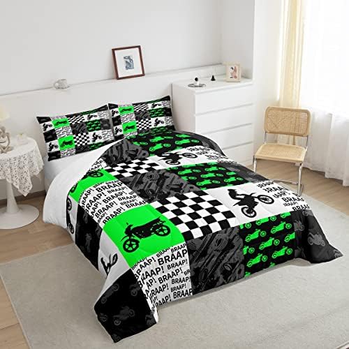 Motorcross Rider Boys Comforter Set Racing Dirt Bike Bedding Set King Size Neon Green Black Grey Patchwork Grid Quilt Set for Kids Men Teens Bedroom Decor Fashion Gaming Duvet Insert 3pcs