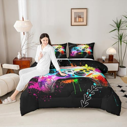 Gaming Comforter Sets for Boys Baseball Toddler Bedding Sets for Boys,Game Consoles Kids Comforter Set Rainbow Tie Dye Sports Bedding Sets for Boys,Gamer Decor for Boys Bedroom Decor Gamer Gifts