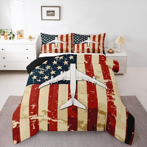Erosebridal American Flag Airplane Bedding Set Full Military Airplane Comforter Set for Kids Boys Girls Vintage Patriotic Down Comforter Fighter Plane Quilt Duvet
