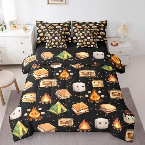 Erosebridal Kids Camping Bedding 7 Piece Cute Camper Car Tent Twin Comforter Set with Sheets for Boys Girls,Rv Bunk Bed in A Bag Accessories for Inside,Travel Trailers Adventure Bed Set