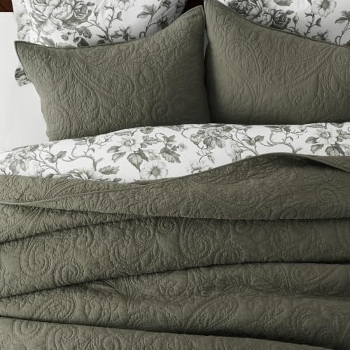 EVERGRACEHOME 100% Cotton Paisley Quilt Set, Oversized King, Olive Green