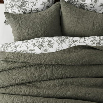 EVERGRACEHOME 100% Cotton Paisley Quilt Set, Oversized King, Olive Green