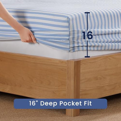 ROSE&RISY Queen Ruffle Sheet Set 4 Piece - Blue Stripe Soft Lightweight Microfiber Bedding with Deep Pocket, Breathable Ruffled Flat Sheet & Pillowcases (Blue Stripe Ruffle,Queen)
