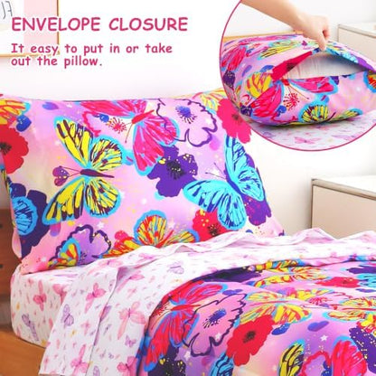 Mooreeke Toddler Bedding Sets for Girls,4 Pieces Butterfly Flowers Printed