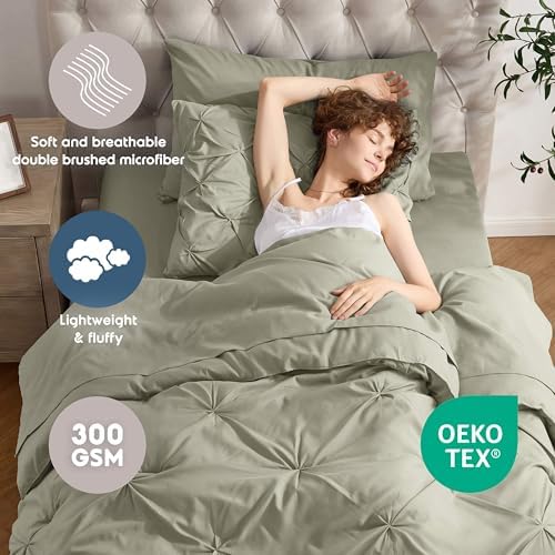 Nestl 7 Piece Twin Comforter Set – Light Sage Pinch Pleated Bed in a Bag – Complete Twin Size Bedding Set with Sheets, Set of 2 Cooling Pillows, Pillowcase and Sham