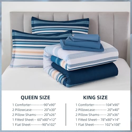 Dobuyly Blue Queen Comforter Set 7 Pieces, Boho Striped Bed in a Bag Queen Size Soft Microfiber All Season Bedding Set with Comforter, Sheets, Pillowcases & Shams