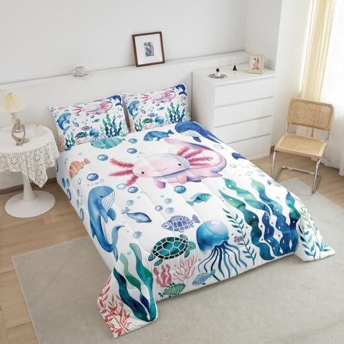 Feelyou Axolotl Bedding Set, Queen Size, Cute Axolotl Gifts for Girls Boys Kids Women Adults Bedding Set, Ultra Soft Axolotl Cuttlefish Pattern Comforter, Kawaii Ocean Sealife,Duvet Quilt, Quilt