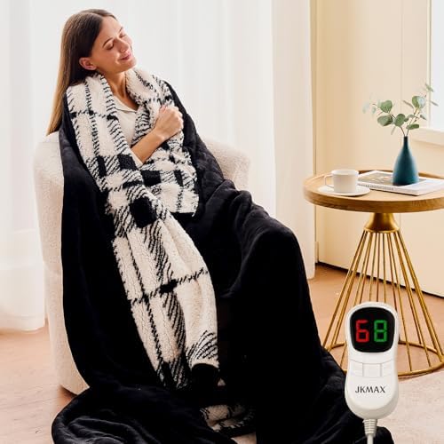 JKMAX Heated Electric Blanket Throw Size - 50"x60" Flannel Heating Blanket with 10 Heating Levels & 5 Time Settings Over-Heat Protection, Winter Warmer for Adults with ETL Certification（Black）