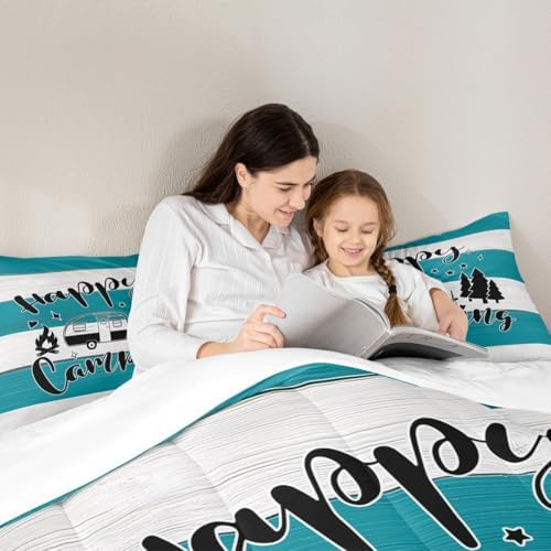 Camping Travel Comforter Set Queen Size,RV Trailer Camper Decor Bedding Set 3pcs for Kids Boys Girls Adults,Old Wooden Board Rustic Farmhouse Down Comforter,Teal Country Duvet Insert,2 Pillowcases