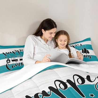 Camping Travel Comforter Set Queen Size,RV Trailer Camper Decor Bedding Set 3pcs for Kids Boys Girls Adults,Old Wooden Board Rustic Farmhouse Down Comforter,Teal Country Duvet Insert,2 Pillowcases